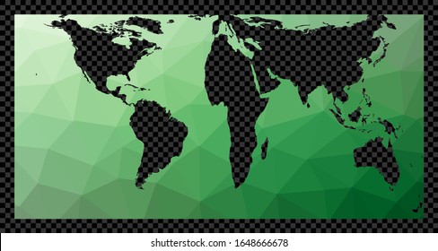 Low poly world map in Gringorten projection. Polygonal map of the world on a transparent background. Stencil shape geometric globe. Superb vector illustration.