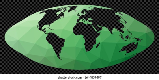 Low poly world map in Homolosine projection. Polygonal map of the world on a transparent background. Stencil shape geometric globe. Attractive vector illustration.
