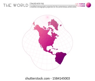 Low poly world map. Modified stereographic projection for the conterminous United States of the world. Red-purple colored polygons. Contemporary vector illustration.