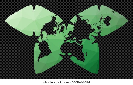 Mapa del mundo de polos bajos. Proyección de Waterman Polyhedral. Mapa poligonal del mundo sobre trasfondo transparente. Plano geométrico de forma de galería de símbolos. Ilustración vectorial radiante.
