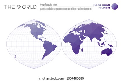 Low poly world map. Quartic authalic projection interrupted into two hemispheres of the world. Purple shades colored polygons. Modern vector illustration.