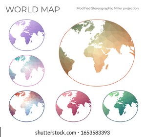 Low Poly World Map Set. Modified stereographic Miller projection for Europe and Africa. Collection of world maps in geometric style. Vector illustration.