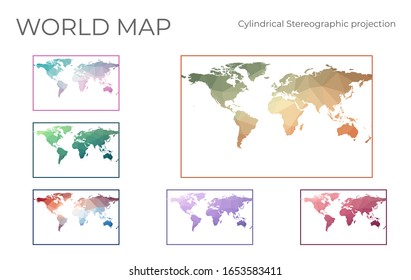 Low Poly World Map Set. Cylindrical stereographic projection. Collection of the world maps in geometric style. Vector illustration.