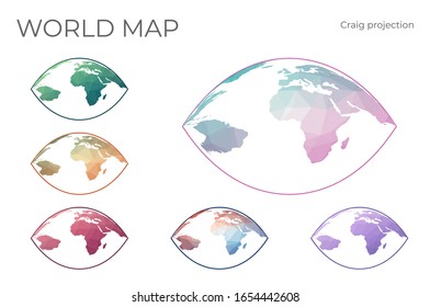 Low Poly World Map Set. Craig retroazimuthal projection. Collection of world maps in geometric style. Vector illustration.