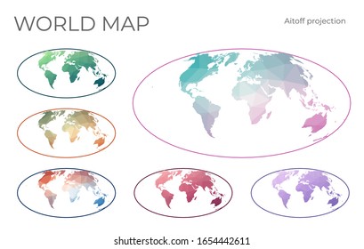 Low Poly World Map Set. Aitoff projection. Collection of the world maps in geometric style. Vector illustration.