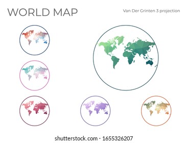 Low Poly World Map Set. Van der Grinten III projection. Collection of the world maps in geometric style. Vector illustration.