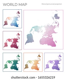 Low Poly World Map Set. Peirce quincuncial projection. Collection of the world maps in geometric style. Vector illustration.