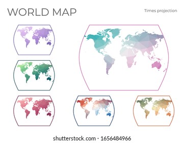 Low Poly World Map Set. John Muir's Times projection. Collection of the world maps in geometric style. Vector illustration.