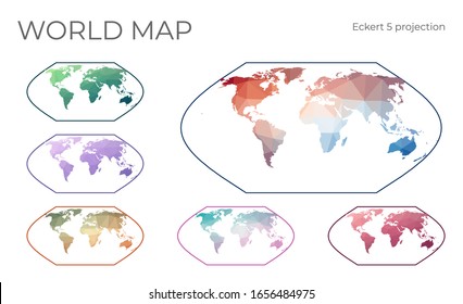 Mapa del mundo bajo de polvos. Proyección Eckert V. Colección de mapas del mundo en estilo geométrico. Ilustración vectorial.