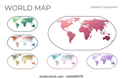 Low Poly World Map Set. Wagner VI projection. Collection of the world maps in geometric style. Vector illustration.