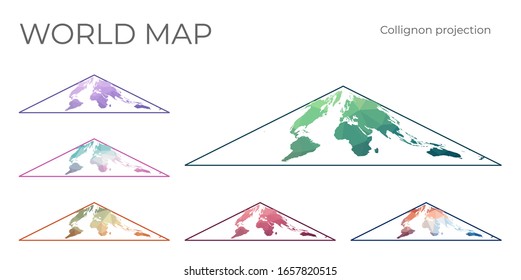 Low Poly World Map Set. Kollignon gleichfläche pseudozylindrische Projektion. Sammlung der Weltkarten im geometrischen Stil. Vektorillustration.