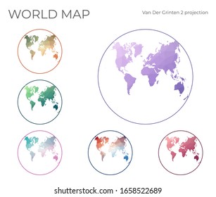 Low Poly World Map Set. Van der Grinten II projection. Collection of the world maps in geometric style. Vector illustration.