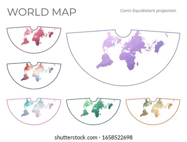 Low Poly World Map Set. Conic equidistant projection. Collection of the world maps in geometric style. Vector illustration.