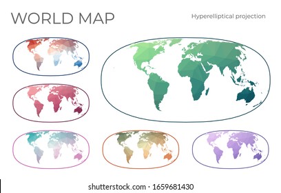 Low Poly World Map Set. Waldo R. Tobler's Hyperelliptical Projection. Collection Of The World Maps In Geometric Style. Vector Illustration.