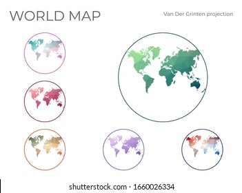 Low Poly World Map Set. Van der Grinten projection. Collection of the world maps in geometric style. Vector illustration.