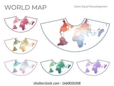Low Poly World Map Set. Albers conic equal-area projection. Collection of the world maps in geometric style. Vector illustration.