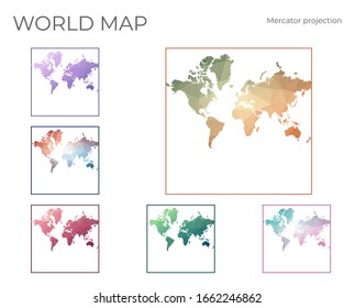 Low Poly World Map Set. Spherical Mercator projection. Collection of the world maps in geometric style. Vector illustration.