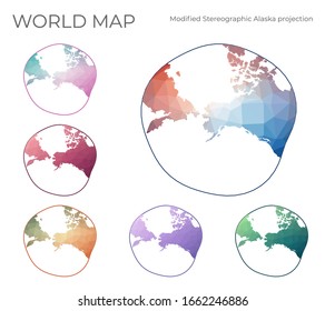 Low Poly World Map Set. Modified stereographic projection for Alaska. Collection of the world maps in geometric style. Vector illustration.