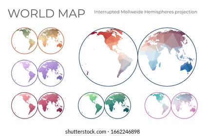 Low Poly World Map Set. Mollweide projection interrupted into two (equal-area) hemispheres. Collection of the world maps in geometric style. Vector illustration.