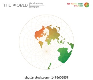 Low poly world map. Stereographic projection of the world with red, yellow, and green colored polygons. Awesome vector illustration.