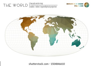 Low poly world map. Waldo R. Tobler's hyperelliptical projection of the world. Brown, Blue, Green colored polygons. Elegant vector illustration.