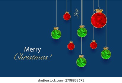 Low Poly Xmas and New Year Decorations on Blue Background Banner