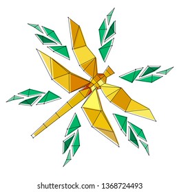 low poly yellow dragonfly with leaves, vector graphic colourful illustration on white background
