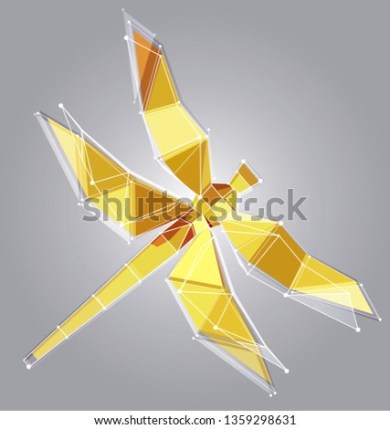 low poly yellow dragonfly, vector graphic  colourful  illustration on grey background