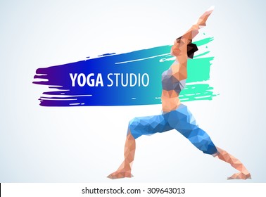Low poly yoga. Yoga logo template. Yoga studio design. Young woman in low poly style practicing yoga. EPS 10 vector.