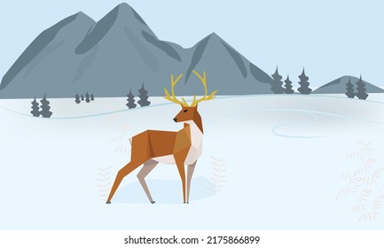 Low poly of a young deer standing on the snow against a high mountain. Vector of wild animal on ice and hill. Illustration of a deer walking on the snow. Polygonal Christmas deer and christmas tree. 