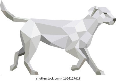 Low polygon art style illustration of a labrador retriever,  a medium-large breed of retriever-gun dog standing viewed from side on isolated white background.