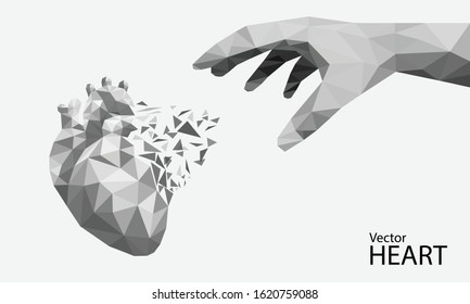 Low polygon black and white heart images used in medicine and the background