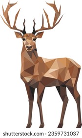 Low Polygon Brown Deer on White Background, Geometric Pattern