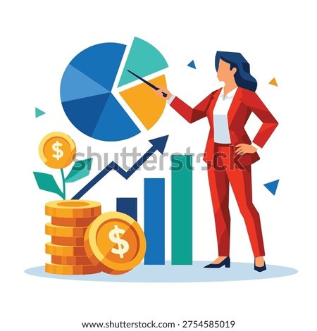 Low Polygon Busineswoman Analyzing Pie Chart and Profit Growth Concept