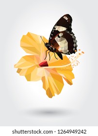 Low polygon butterfly white dot black stripe wings on yellow hibiscus flower isolated on white background, brown insects flying on fallow floral plant. Logo bug icon geometric saffron flora.