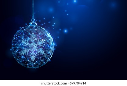 Low polygon Christmas ball wireframe mesh on dark blue background