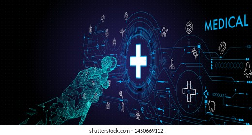 Low polygon Doctor hand with stethoscope and Ui icon medical in hospital with medical technology network concept.