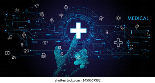 Low polygon Doctor hand with stethoscope and Ui icon medical in hospital with medical technology network concept.