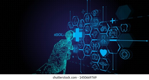 Low polygon Doctor hand with stethoscope and Ui icon medical in hospital with medical technology network concept.