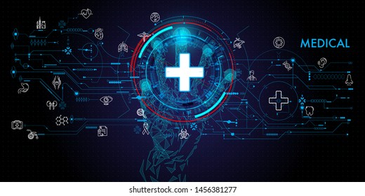 Low polygon Doctor hand with stethoscope and Ui icon medical in hospital with medical technology network concept.