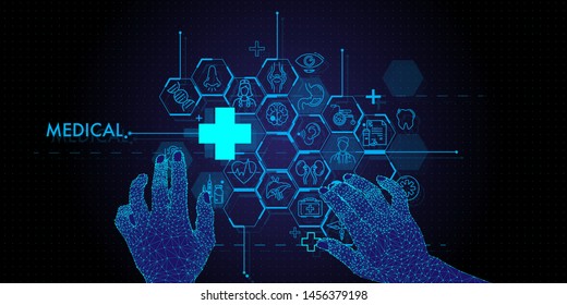 Low polygon Doctor hands with stethoscope and Ui icon medical in hospital with medical technology network concept.