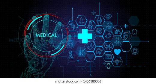 Low polygon Doctor hands with stethoscope and Ui icon medical in hospital with medical technology network concept.
