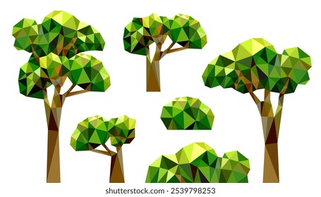 Low polygon fresh green leaf tree on grass background game scene, geometric vector illustration, plant element item sign landscape.