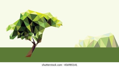 Low polygon fresh green leaf temple tree (Plumeria) on grass background and mountain scene, geometric vector illustration, panorama horizon landscape