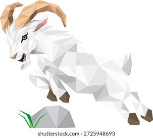 Ilustración geométrica de polígono bajo de una cabra de montaña blanca saltando sobre rocas.