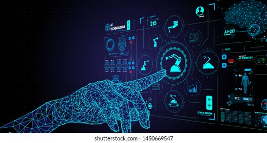 Low polygon hand check and control welding robotics automatic arms icon with machine in intelligent factory automotive industrial with UI monitoring system software.