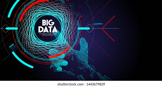 Low polygon Hand touching Big data avanced technology and visualization with Fractal element with lines and dots array.