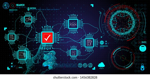 Low polygon Hand touching with Data Management System (DMS) and Business Analytics concept with servers connected to dashboard. 