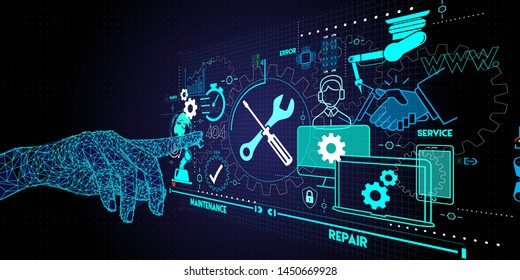 Low polygon hand touching Maintenance and repair about assistance and servicing of equipments.