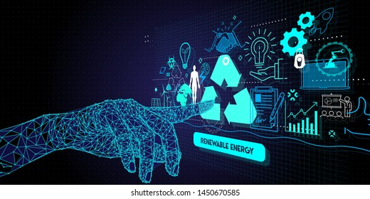 Low polygon Hand touching Sustainable development FUI with icons of renewable energy and natural resources preservation.